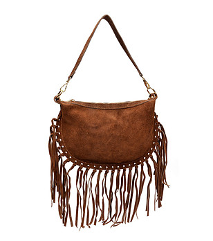 кафява дамска велурена чанта с ресни снимка