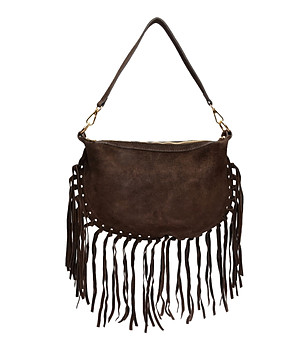 Тъмнокафяво дамска велурена чанта с ресни снимка