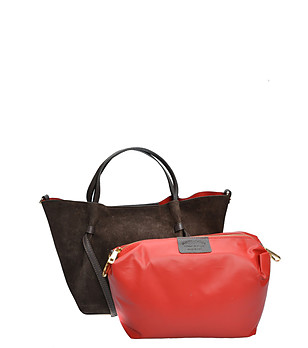 Кожена дамска  тъмнокафява чанта с червен несесер снимка