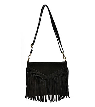 Дамска черна чанта за рамо с ресни снимка