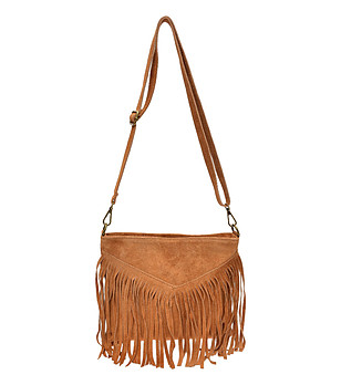 Дамска чанта за рамо с ресни в цвят коняк снимка