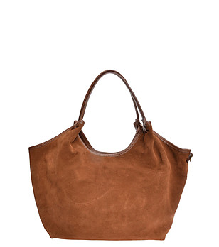 Дамска велурена чанта в цвят коняк снимка