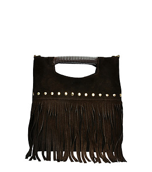 Дамска тъмнокафява велурена чанта с ресни снимка