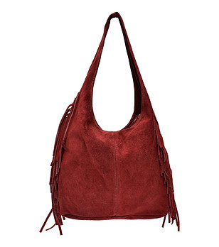 Дамска велурена чанта в бордо с ресни снимка