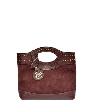 Дамска чанта в бордо от кожа и велур снимка