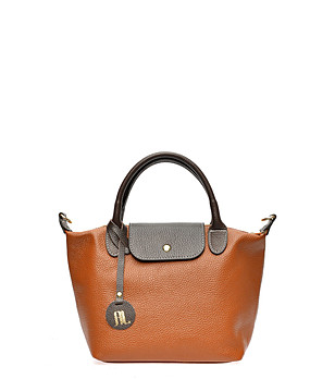 Дамска кожена чанта в цвят коняк и тъмнокафяво снимка