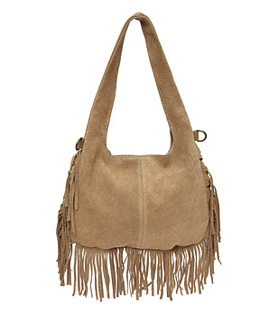 Дамска чанта в цвят таупе с ресни от естествен велур снимка