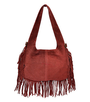 Червена дамска чанта с ресни от естествен велур снимка