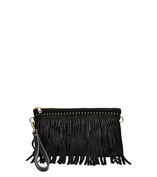 Дамска черна кожена клъч чанта с ресни  снимка