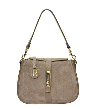 Дамска чанта в цвят таупе от естествен велур снимка