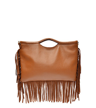 Дамска чанта в цвят коняк от естествена кожа с ресни снимка