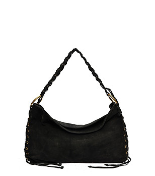 Черна дамска велурена чанта с плитка дръжка  снимка