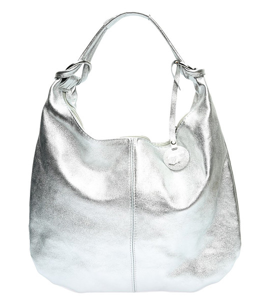 Сребриста дамска чанта от естествена кожа снимка