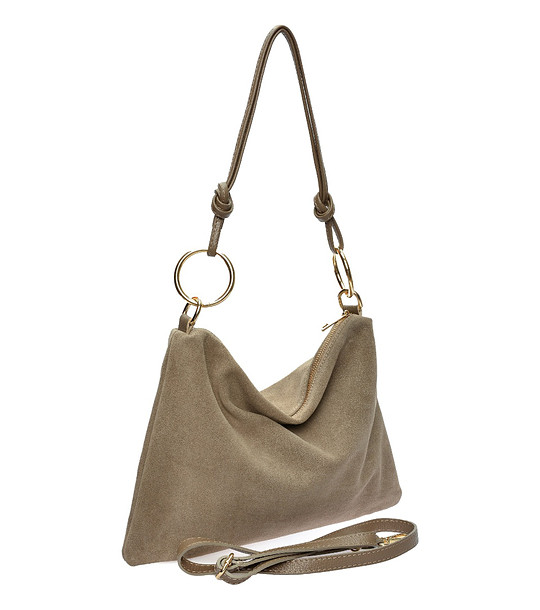 Дамска велурена чанта тип трапец в цвят таупе снимка