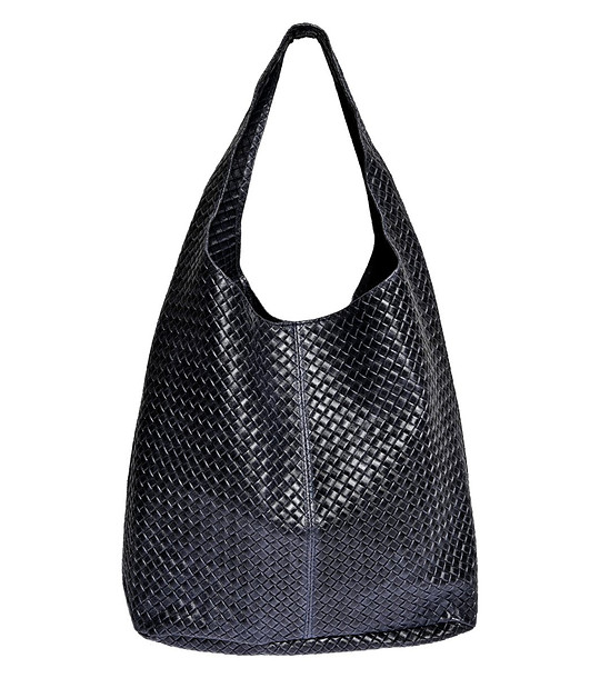 Тъмносиня дамска кожена чанта с релеф снимка