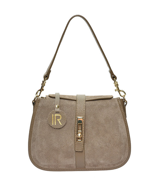 Дамска чанта в цвят таупе от естествен велур снимка