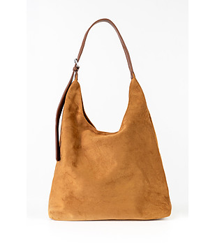 Дамска велурена чанта с несесер в цвят камел Meri снимка