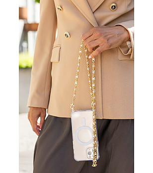 Златиста верижка за телефон с перли в бяло снимка