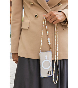 Златиста верижка за телефон с перли снимка