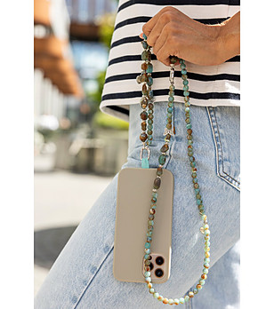 Верижка за телефон с мъниста в кафяво и тюркоаз снимка