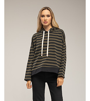 Памучен дамски суитшърт на райе в каки и черно снимка