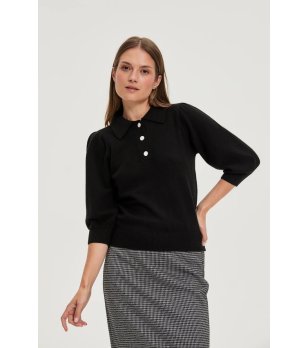 Дамски черен пуловер с яка снимка