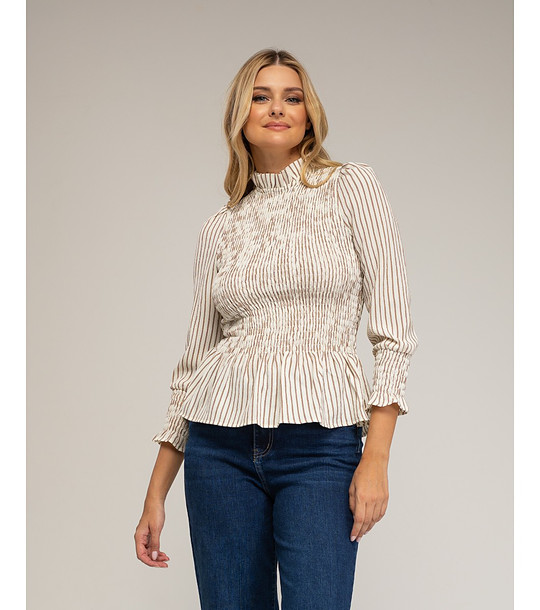 Ефектна дамска блуза на райе в кафяво и бежово снимка