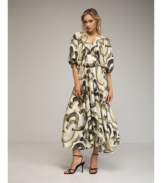 Дълга широка рокля в екрю и зелено снимка