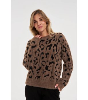 Дамски пуловер в кафяво и черно с леопардов мотив снимка