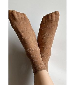 Дамски чорапи в цвят визон FABIENNE с флорален мотив снимка