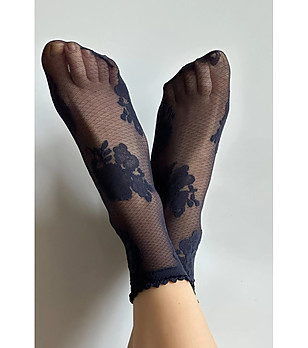 Дамски тъмносини чорапи FANNY с флорален мотив снимка