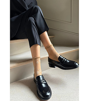 Дамски чорапи в цвят визон с флорален мотив FIORELLA снимка