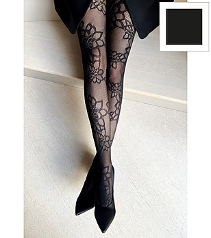 Черен чорапогащник FRANCESCA с ажурни големи цветя снимка