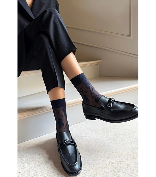 Дамски тъмносини чорапи с флорален мотив Dam снимка