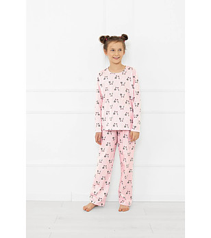 Памучна пижама за момиче в бяло-розово райе Kiota с принт котки снимка
