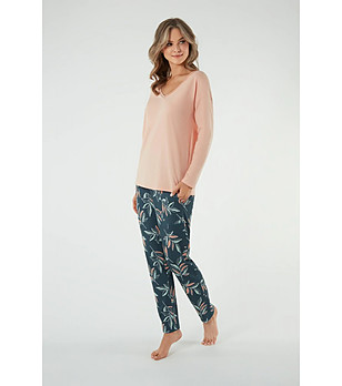 Дамска памучна пижама в цвят сьомга с флорален принт Julietta снимка