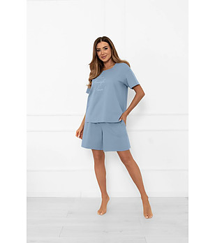 Дамска памучна пижама в синьо с къс ръкав Ksara снимка