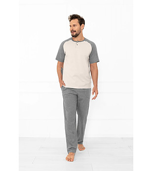 Мъжка памучна пижама Aleksander в бежово и сиво снимка