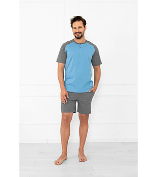 Памучна мъжка пижама Aleksander в синьо и сив меланж с къс ръкав снимка