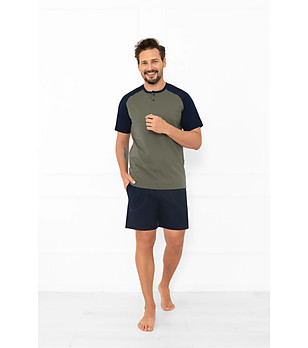 Мъжка памучна пижама с къс ръкав в маслинено и тъмносиньо Aleksander снимка