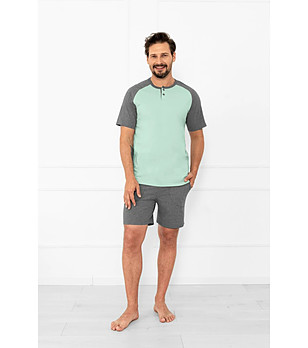 Мъжка пижама в зелен нюанс и сив меланж с къс ръкав Aleksander снимка