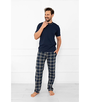 Тъмносиня мъжка памучна пижама на каре Andreas с къс ръкав снимка