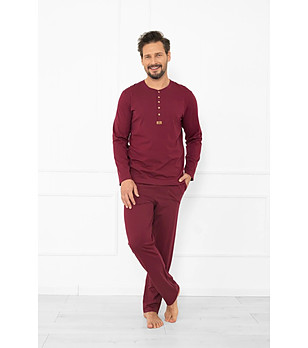Мъжка памучна пижама Gordo в цвят бордо с джобове снимка