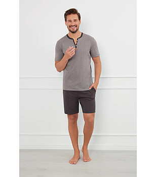Мъжка лятна памучна пижама в сив меланж с V-деколте и копчета Juliusz снимка
