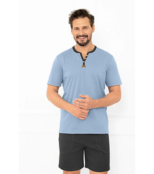 Мъжка лятна памучна пижама Juliusz в синьо и сив меланж с V-образно деколте снимка