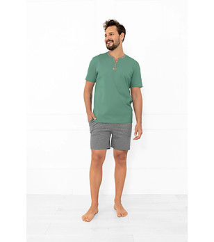 Мъжка лятна памучна пижама Juliusz в зелено и сив меланж снимка