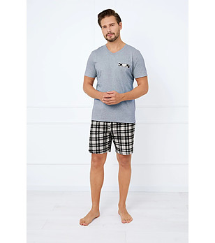 Памучна мъжка лятна пижама Klark с къс ръкав и късо долнище в сив меланж с каре снимка