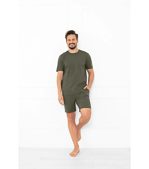 Мъжка лятна памучна пижама в цвят маслина с къс ръкав Krystian снимка