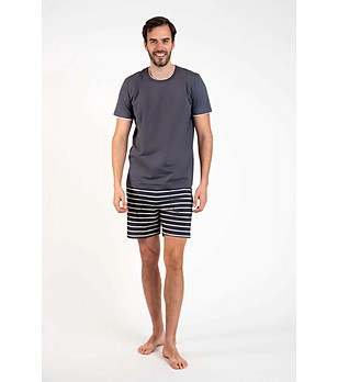 Мъжка лятна памучна пижама в цвят графит с къс ръкав Lars снимка