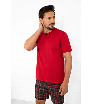 Мъжка червена лятна памучна пижама Rusoli с кариран десен снимка